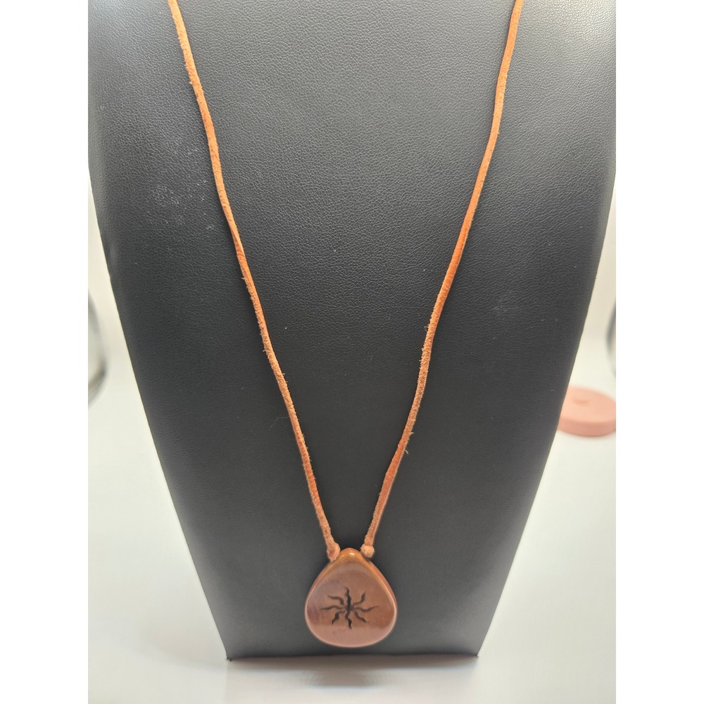 Boho Sunburst Cutout Stone Teardrop Pendant Necklace Brown Suede Cord Rustic